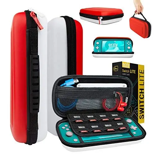 Produktbild: Orzly Tragetasche kompatibel mit Nintendo Switch Lite (2019) – Aufbewahrungstasche - Hartschalen Case/Hülle/Schutzhülle für die Verwendung mit der Nintendo Switch Lite Konsole & Accesoires - ROT/WEIß
