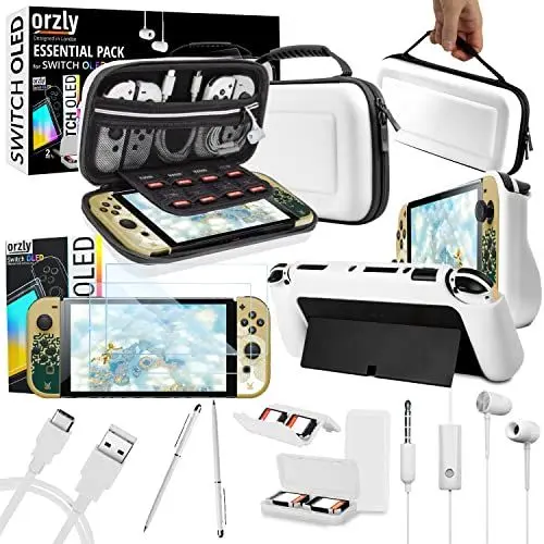 Produktbild: Orzly Zubehör-Bundle-Set für Nintendo Switch Oled Zubehör Essentials Pack Hülle und Displayschutz Komfortgriffabdeckung Kopfhörer-Ladekabel Spielehalter und mehr – OLED-Edition in Geschenkbox