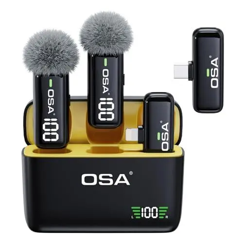 Produktbild: OSA Lavalier Mikrofon für Telefon mit Ladehülle und Transmitter Digitalanzeige - 2er Set, für iPhone iPad, Android, Aufnahme, professionelle Videoaufnahme, Ansteckmikrofon