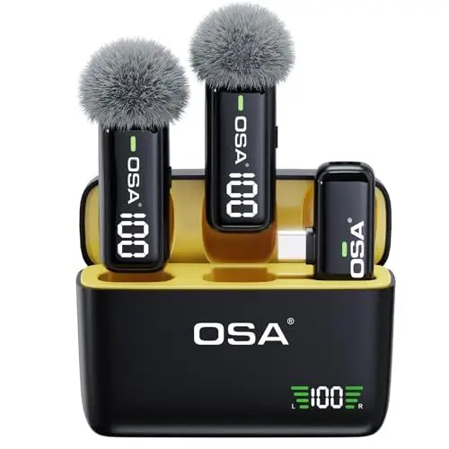 Produktbild: OSA Lavalier Mikrofon für Telefon mit Ladekoffer und Transmitter Digitalanzeige - 2er Set, für USB C Telefon, Aufnahme, Professionelle Videoaufnahme, Ansteckmikrofon