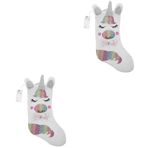 Produktbild: OSALADI 2 STK Einhorn Weihnachtsstrumpf Weihnachtsstrumpfverzierungen Geführte Weihnachtsstrümpfe Einhorn-strumpfanhänger Weihnachtsferien Strümpfe Flanell Geschenktasche Weiß Socke