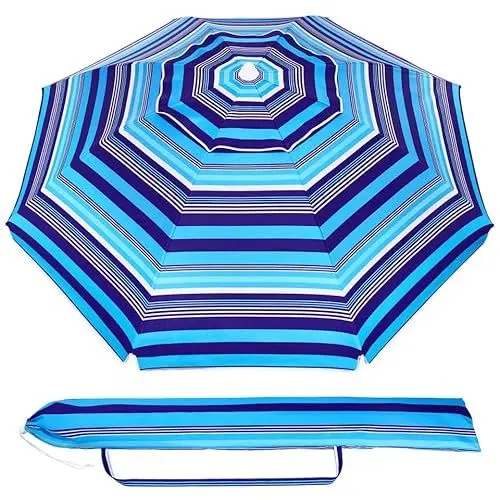 Produktbild: OSALADI 6. 5 Fuß Großer Strandschirm Mit Neigungsstange Gestreifter Sandschirm Uv-Schutz Atmungsaktiver Sonnenschutz Für Outdoor-Aktivitäten Auf Reisen