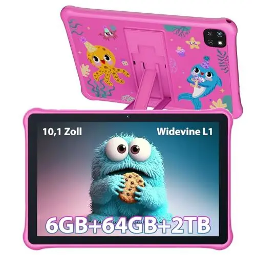 Produktbild: OSCAL Kinder Tablet 10 Zoll,6GB+64GB (Großes 2TB TF),Android Tablet für Kinder,Kindersicherung,Eye-Care-Modus,Gesichtserkennung,Widevide L1,Kids Tablet mit Hülle Lerntablett/BT5.2/WiFi 6(Rosa)