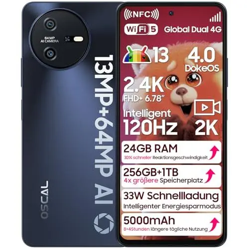 Produktbild: OSCAL Tiger 12 Gaming Smartphone 120Hz, Helio G99 Smartphone 256GB+24GB/1TB TF, 6,78 Zoll FHD+ 2.4K Android Handy 33W Schnellladen 5000mAh, 64MP+13MP, 4G Dual SIM, Face ID/Fingerabdruck, NFC, Schwarz