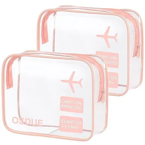 Produktbild: OSDUE 2 Stück Kulturbeutel Transparent, Flugzeug PVC Kosmetiktasche Wasserdicht, Handgepäck-Reisezubehör, Kulturtaschen für Männer, Frauen, Kinder, Familie (Rosa)