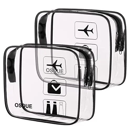 Produktbild: OSDUE 2 Stück Kulturbeutel Transparent, Flugzeug PVC Kosmetiktasche Wasserdicht, Handgepäck-Reisezubehör, Kulturtaschen für Männer, Frauen, Kinder, Familie (Schwarz)