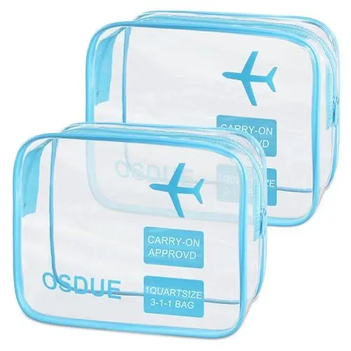 Produktbild: OSDUE 2 Stück Kulturbeutel Transparent, Flugzeug PVC Kosmetiktasche Wasserdicht, Handgepäck-Reisezubehör, Kulturtaschen für Männer, Frauen, Kinder, Familie (Blau)