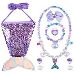 Produktbild: OSDUE 7 Pcs Meerjungfrau Kinder Schmuckset Mädchen, Kinderschmuck mit Pailletten Geldbörse Meerjungfrau, Halsketten, Ohrringe, Armbänder, Ringe, Haarspange, Geschenke für Mädchen