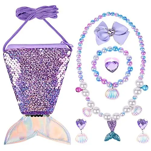 Produktbild: OSDUE 7 Pcs Meerjungfrau Kinder Schmuckset Mädchen, Kinderschmuck mit Pailletten Geldbörse Meerjungfrau, Halsketten, Ohrringe, Armbänder, Ringe, Haarspange, Geschenke für Mädchen