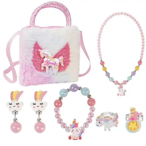 Produktbild: OSDUE Einhorn Handtasche, Einhörnern Kinderschmuck Halskette, Schmuckset für Mädchen, Unicorn Kette Halskette Armband Ring Schmuckset, für Party Dress Up Geschenk (7-Teiliges Set)