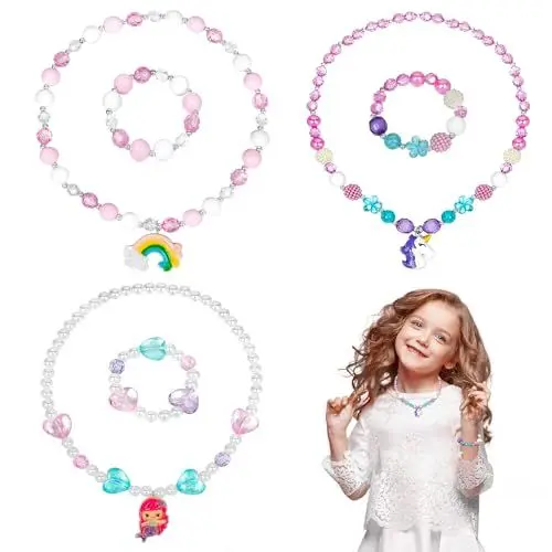 Produktbild: OSDUE Einhorn Schmuck Set Mädchen, Meerjungfrau Armband Set, Meerjungfrau Kinderschmuck Enthalten Halskette, Armbänder, Regenbogen Kinderschmuck Set für Party Dress Up Geschenk (6 Stück)