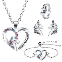 Produktbild: OSDUE Einhorn Schmuckset Mädchen, Einhorn Kinderschmuck Enthalten Halskette, Ringe, Armbänder, Ohrring, Schmuck Set für Party Dress Up Geschenk (5 Stück)
