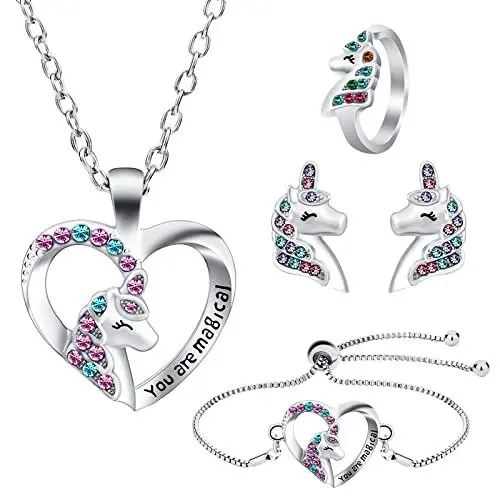 Produktbild: OSDUE Einhorn Schmuckset Mädchen, Einhorn Kinderschmuck Enthalten Halskette, Ringe, Armbänder, Ohrring, Schmuck Set für Party Dress Up Geschenk (5 Stück)