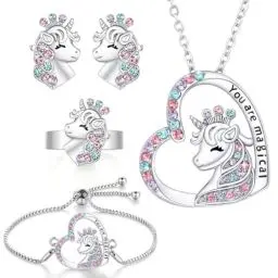 Produktbild: OSDUE Einhorn Schmuckset Mädchen, Einhorn Kinderschmuck Enthalten Halskette, Ringe, Armbänder, Ohrring, Schmuck Set Einhorn für Party Dress Up Geschenk, Mit Bunter Geschenkbox (5 Stück)