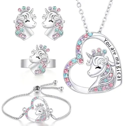 Produktbild: OSDUE Einhorn Schmuckset Mädchen, Einhorn Kinderschmuck Enthalten Halskette, Ringe, Armbänder, Ohrring, Schmuck Set Einhorn für Party Dress Up Geschenk, Mit Bunter Geschenkbox (5 Stück)
