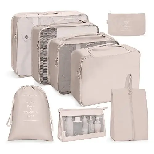 Produktbild: OSDUE Koffer Organizer Set 8-teilig, Packing Cubes, Wasserdichte Reise Kleidertaschen, Packtaschen für koffer, Verpackungswürfel mit Kosmetiktasche, Schuhbeutel, USB Kabel Tasche (Beige)