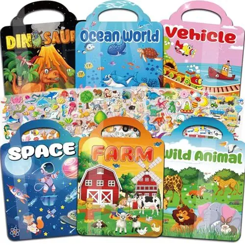 Produktbild: OSIMIG 6 Set Wiederverwendbare Stickerbücher, 300+ 3D Puffy Aufkleber, Sticker Kinder Stickerbuch ab 2 Jahre-4 Jahre: Dinosaurier,Tiere,Unterwasserwelt,Bauernhof,Weltraum,Fahrzeug, Geschenk für Kinder