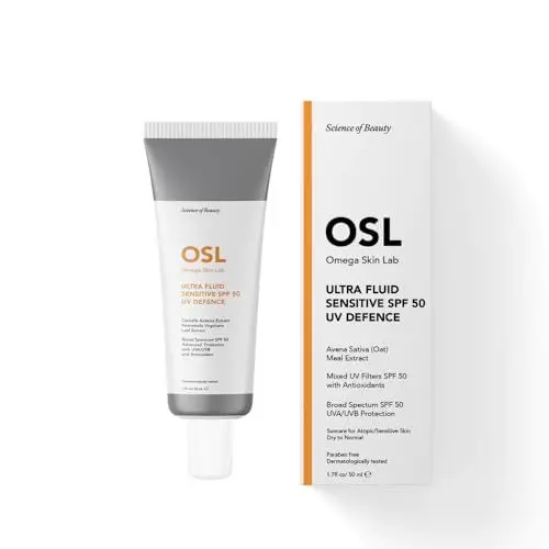 Produktbild: OSL Ultra Fluid Sensitive Sonnencreme SPF 50 Gesichtsfeuchtigkeitscreme – UV-Schutz 50 ml – perfekt für trockene, empfindliche, allergische Haut – angereichert mit Avena Sativa Mehlextrakt
