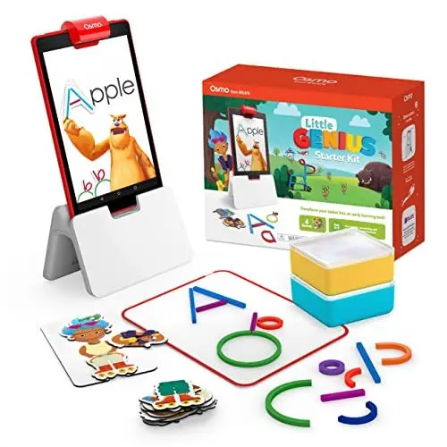 Produktbild: Osmo - Little Genius Starter Kit für Fire-Tablet - 4 Lernspiele - 3-5 Jahre - Buchstaben, Laute, Kreativität - digitales Spiel mit echten Spielsteinen - (inkl. Osmo Basis für Fire) - deutsch übersetzt