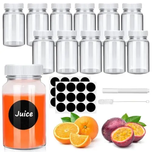 Produktbild: OSORD Mini Ingwer Shot Glasflaschen mit Deckel,12 Stück Shot Flaschen zum Befüllen Kleine Glasflaschen mit Etiketten und Stift Shotgläser Kleine Schnapsflaschen für Ingwer Shot und Gewürze (60ml)