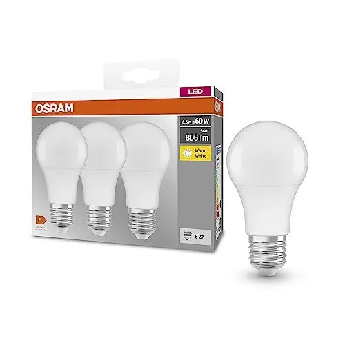 Produktbild: OSRAM BASE CLASSIC A 60 FR LED-Lampe mit Sockel E27, Kolbenform, 3er Pack, 8,5W, 806lm, 2700K, warmweißes Licht, geringere Wärmeentwicklung, sehr geringer Energieverbrauch, lange Lebensdauer
