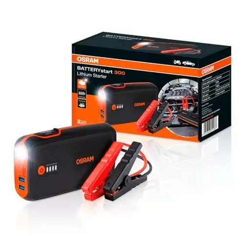 Produktbild: OSRAM BATTERYstart 300, KFZ Starthilfe, Lithium Batteriestarter 1500A 12V für Motorrad & PKW mit Powerbank Funktion für bis zu 6L Benzin & 3L Dieselmotoren, Schwarz