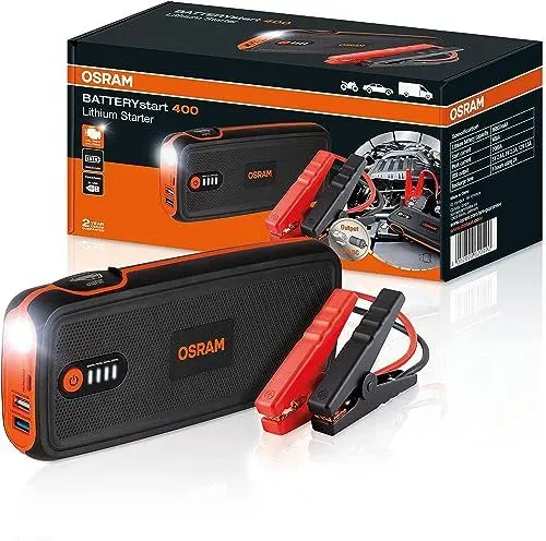 Produktbild: OSRAM BATTERYstart 400, KFZ Starthilfe, Lithium Batteriestarter 2000A 12V mit Powerbank Funktion für bis zu 8L Benzin & 4L Dieselmotoren, 16800mAH, Schwarz