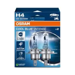 Produktbild: OSRAM COOL BLUE® INTENSE H4, +100% mehr Helligkeit, bis zu 5.000K, Halogen-Scheinwerferlampe, LED-Look, Hängebox (2 Lampen)