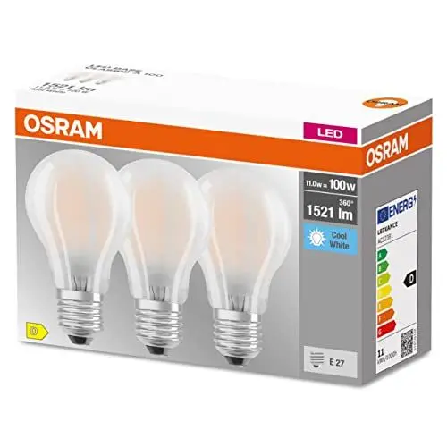 Produktbild: Osram LED-Lampe, Sockel: E27, Kalt weiß, 4000 K, 11 W, Ersatz für 100-W-Glühbirne, matt, LED BASE CLASSIC, 3er-Pack