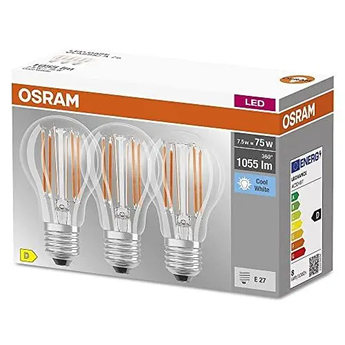 Produktbild: OSRAM LED-Lampe, Sockel: E27, Kalt weiß, 4000 K, 7,50 W, Ersatz für 75-W-Glühbirne, klar, LED BASE CLASSIC A, 3er-Pack