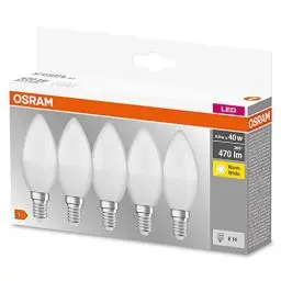 Produktbild: OSRAM LED BASE Classic B40, matte Filament LED-Lampen aus Glas für E14 Sockel, Kerzenform, Warmweiß (2700K), 470 Lumen, Ersatz für herkömmliche 40W-Glühbirnen, 5 Stück (1er Pack)
