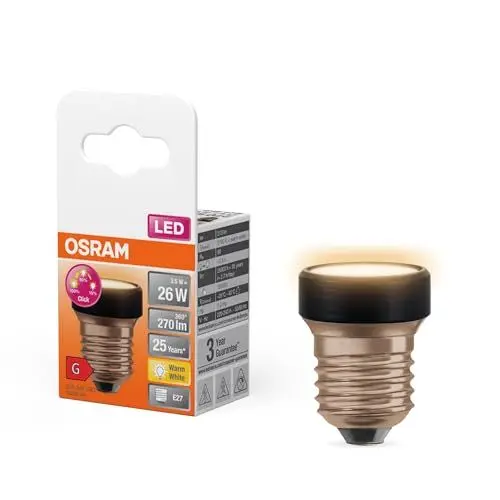 Produktbild: OSRAM LED STAR FLAT mit 3.5W (wie 26W), 270lm/2700K, warmweiß 827, frosted, Kunststoff in Schwarz, mit E27 Schraubgewinde, 3-fach dimmbar über Wandschalter, 35 mm Durchmesser