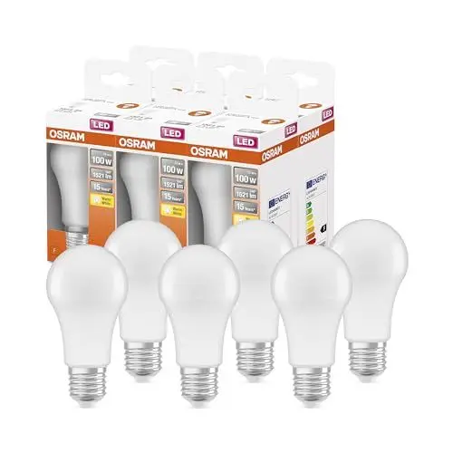 Produktbild: OSRAM LED Star Classic A100 LED Lampe für E27 Sockel, Birnenform, FR, 1521 Lumen, warmweiß (2700K), Ersatz für herkömmliche 100W Glühbirnen, nicht dimmbar, 6er-Pack