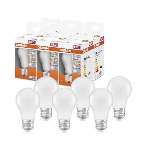 Produktbild: OSRAM LED Star Classic A40 LED Lampe für E27 Sockel, Birnenform, FR, 470 Lumen, kaltweiß (4000K), Ersatz für herkömmliche 40W Glühbirnen, nicht dimmbar, 6er-Pack, Warmweiß