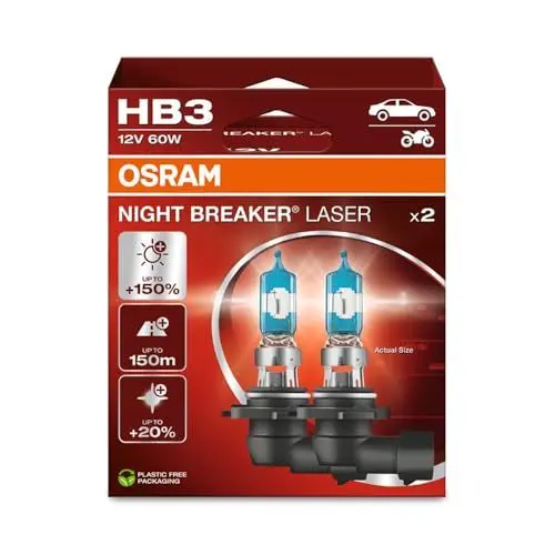 Produktbild: OSRAM NIGHT BREAKER LASER HB3, +150% mehr Helligkeit, Halogen-Scheinwerferlampe, 9005NL-2HB, 12V PKW, Hängebox (2 Lampen), white