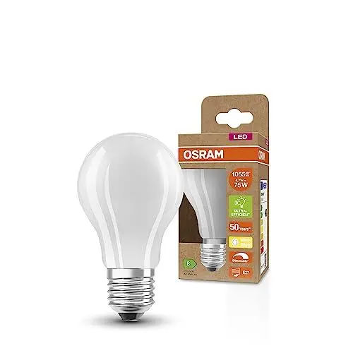 Produktbild: OSRAM SUPERSTAR+ CLASSIC A GLFR 75 LED-Lampe, E27, Kolbenform, 5,7W, 1055lm, 2700K, warmweißes Licht, dimmbar, LED-Filament-Technologie, sehr geringer Energieverbrauch, Energieeffizienzklasse B
