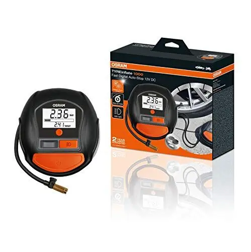 Produktbild: OSRAM TYREinflate 1000, Digitales Reifenfüllgerät mit Auto-Stopp und LED Licht, tragbarer 12V Kompressor für Autoreifen, Stromanschluss via Zigarettenanzünder, Reifenbefüllung in 2 Minuten