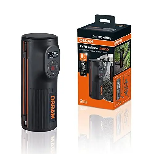 Produktbild: OSRAM TYREinflate 2000, kompakte wiederaufladbare Reifenpumpe mit LED Licht, tragbarer Kompressor für Reifen, Stromanschluss via USB, Reifenbefüllung in 2 Minuten