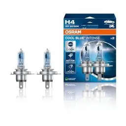 Produktbild: Osram COOL BLUE INTENSE H4, +100% mehr Helligkeit, bis zu 5.000K, Halogen-Scheinwerferlampe, LED-Look, Duo Box (2 Lampen)