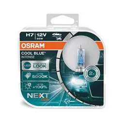 Produktbild: Osram Cool Blue Intense H7, mit 100 Prozent mehr Helligkeit, bis zu 5.000K, Halogen-Scheinwerferlampe, LED-Look, Duo Box (2 Lampen), Fahrzeugspezifische Passform, Blue, Duo Box