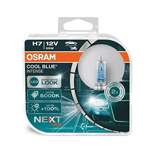 Produktbild: Osram Cool Blue Intense H7, mit 100 Prozent mehr Helligkeit, bis zu 5.000K, Halogen-Scheinwerferlampe, LED-Look, Duo Box (2 Lampen), Fahrzeugspezifische Passform, Blue, Duo Box