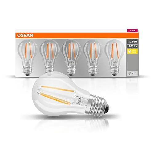 Produktbild: Osram LED Base Classic A Lampe, Sockel: E27, Warm White, 2700 K, 7 W, Ersatz für 60-W-Glühbirne, klar , 5er Packung