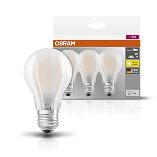 Produktbild: Osram LED Base Classic A Lampe, in Kolbenform mit E27-Sockel, nicht dimmbar, Ersetzt 60 Watt, Matt, Warmweiß - 2700 Kelvin, 3er-Pack