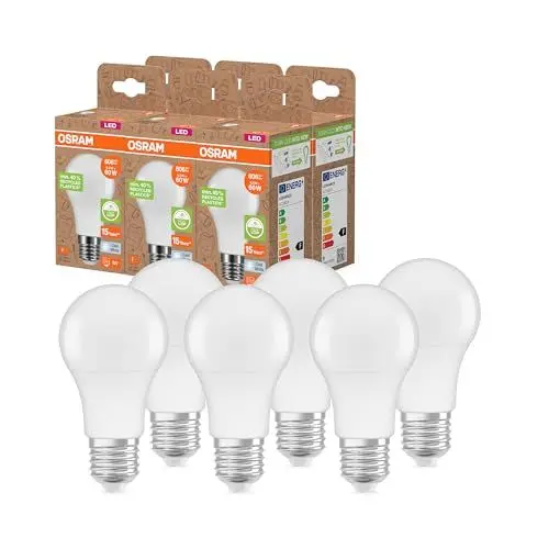 Produktbild: Osram LED STAR CLASSIC A 60 FR LED-Lampe, E27, klassische Kolbenform, weiß, 8,5W, 806lm, 4000K, kaltweißes Licht, sehr geringer Energieverbrauch, mit recyceltem Kunststoff, 6 - Pack