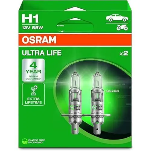Produktbild: Osram ULTRA LIFE, H1, halogen headlight lamps, Hanging folding box (2 lamps), white