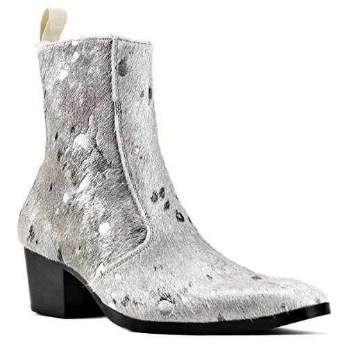 Produktbild: OSSTONE Chelsea cowboy Stiefel für Männer High Heels boots men Herren Kleid Schuhe Reißverschluss leder Leoparden OS-JY012-B-DE，Silber，Mens size EU47