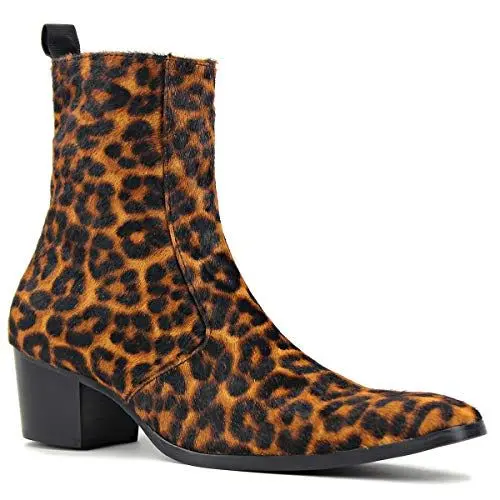 Produktbild: OSSTONE Chelsea cowboy Stiefel für Männer High Heels boots men Herren Kleid Schuhe Reißverschluss leder Leoparden OS-JY012-DE，Braun，Mens size EU44.5