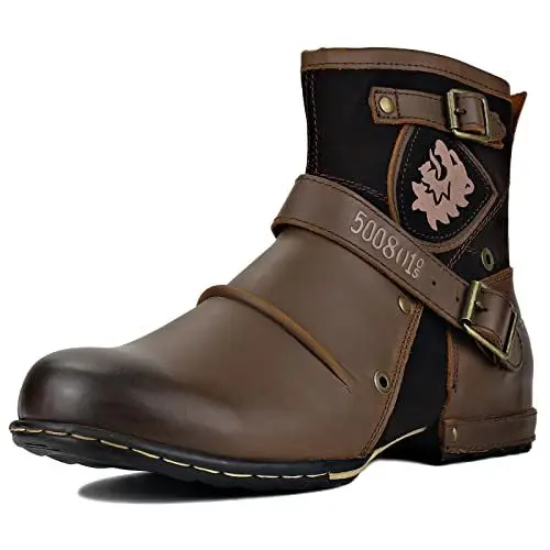 Produktbild: OSSTONE Herren Stiefel aus Rindsleder, Lederstiefel mit Gummisohle Biker Boots mit Reißverschluss, 6.5