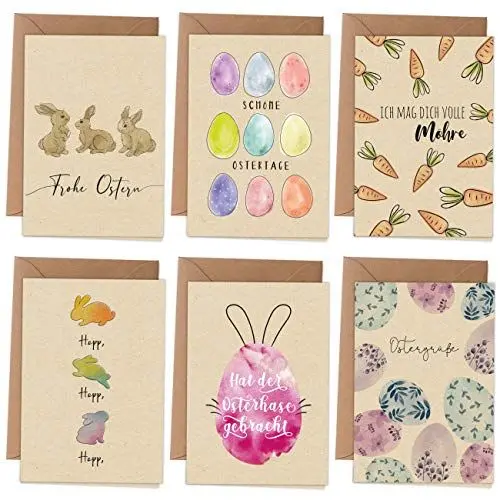 Produktbild: Papierdrachen Osterkarten | 6 frühlingshafte Grußkarten als Klappkarte inklusive Umschlag zur Osterzeit - Grüße an die Familie - Stilvolles Design zu Ostern - Motiv Aquarell - Set 2