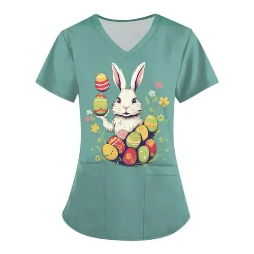 Produktbild: Ostern Kasacks Damen Große Größen Medizinische Berufsbekleidung Kurzarm Arbeitskittel Damen Kasack Motiv Slim Fit Nurse Tshirt Tunika Ostereier Osterhase Druck Weiße Damen（2-Fluorescent Green，4XL）